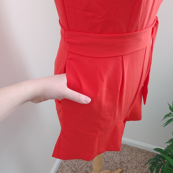 (SOLD) Ann Taylor Coral Ruffle Short Sleeve Plunge Belted Tie Waist Romper - Picture 4 of 8